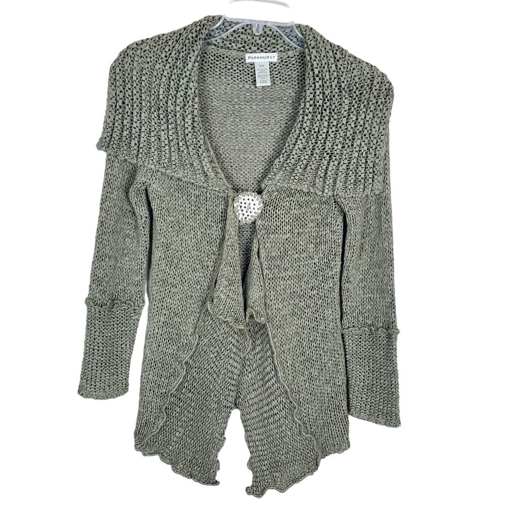 Parkhurst Woman's Crocheted Long Open Sweater Gray Shawl Collar M